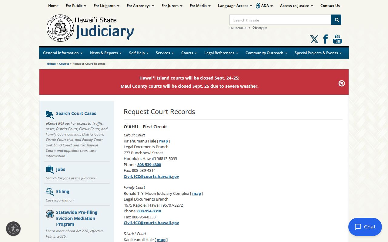 Hawaii court records request page with circuit Legal Documents Branch routes