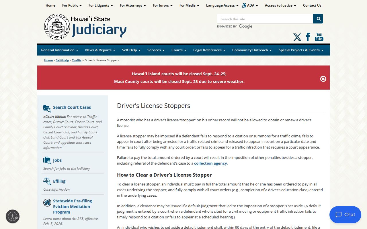 Hawaii traffic court explanation of default and license-stopper procedures