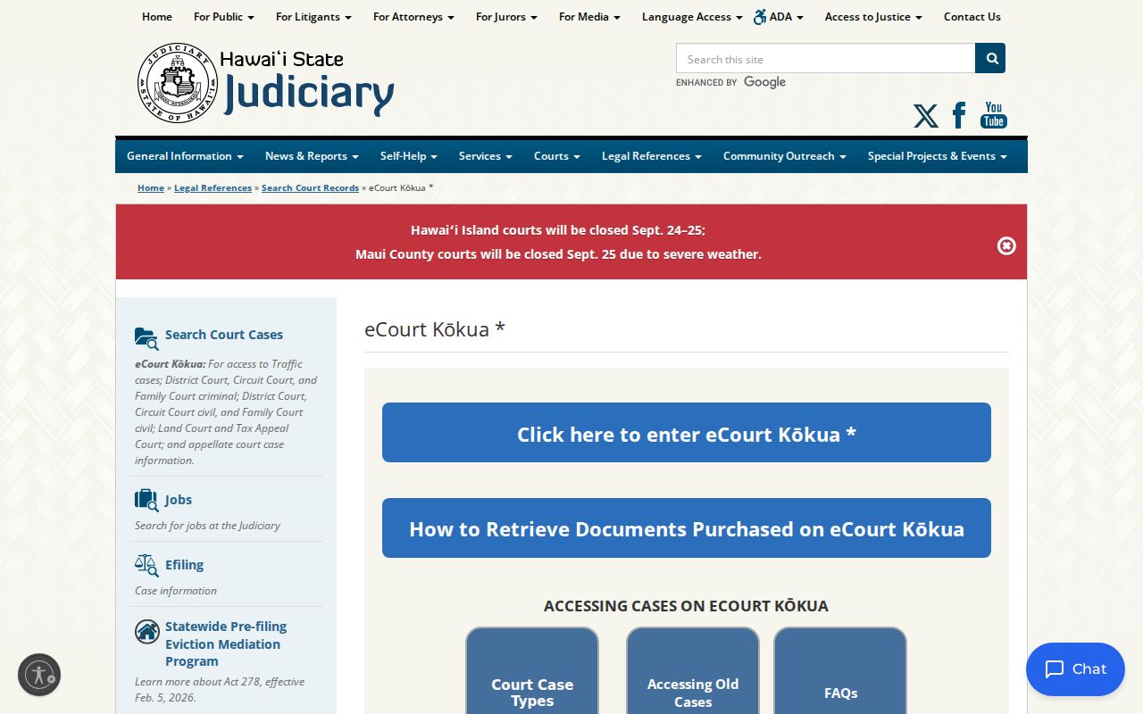 Hawaii court case search portal landing page for eCourt Kōkua