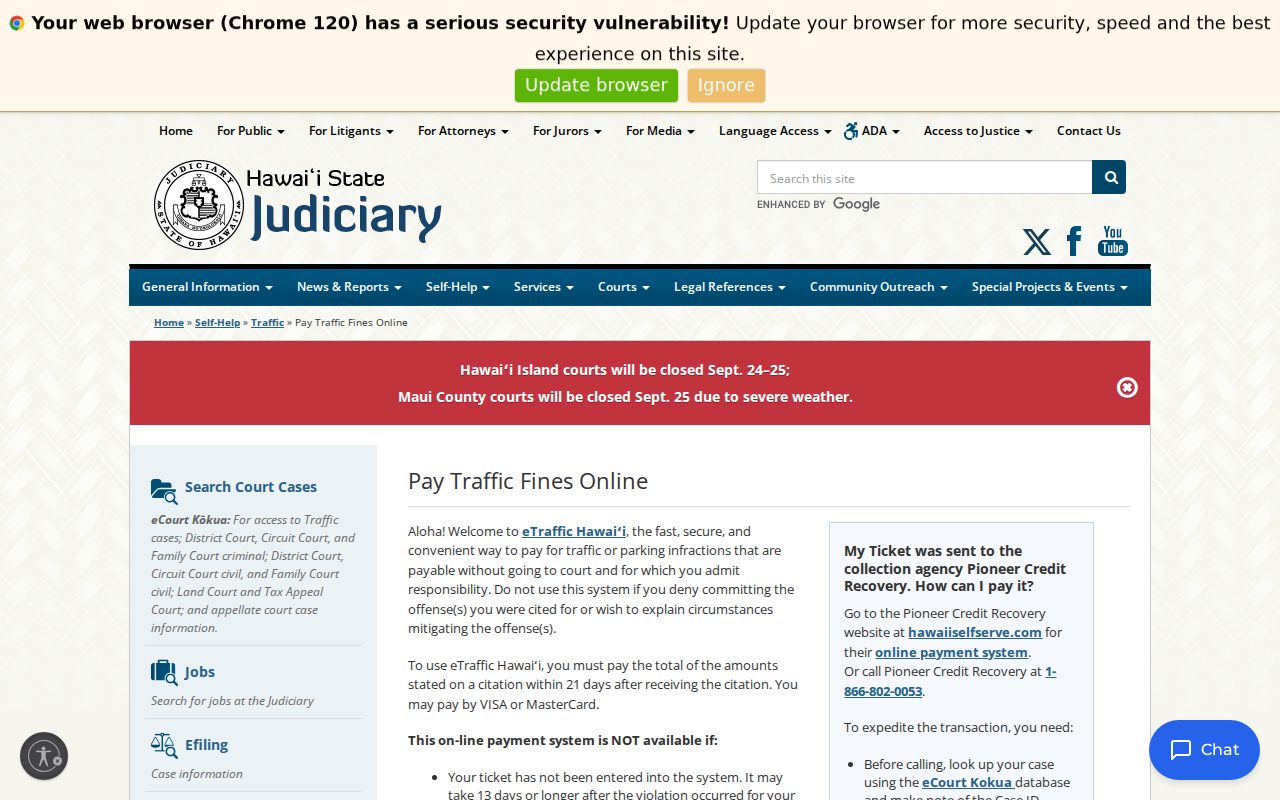 Hawaii traffic court eTraffic payment eligibility and official Judiciary route