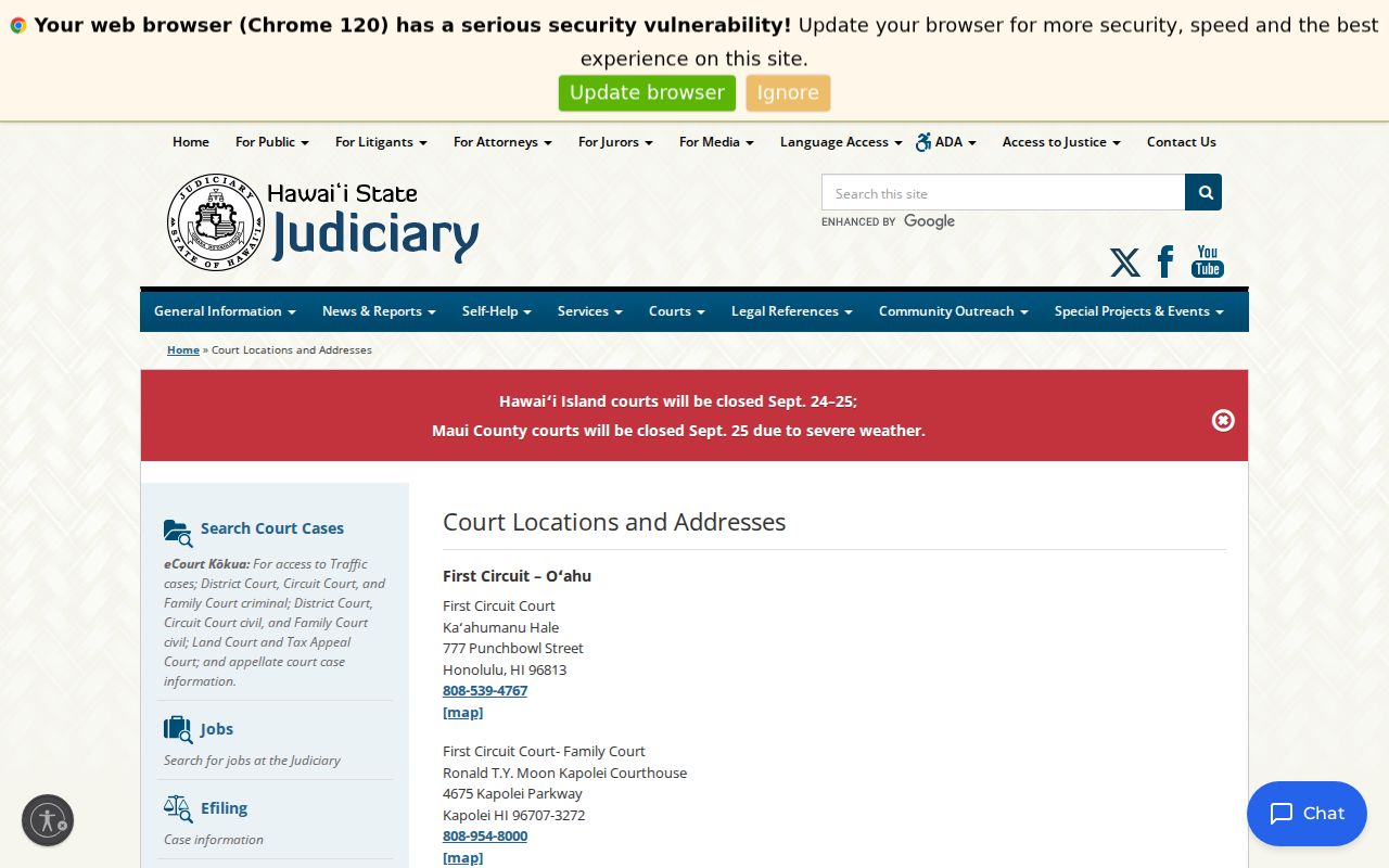 Hawaii court system map of four active judicial circuits and court locations