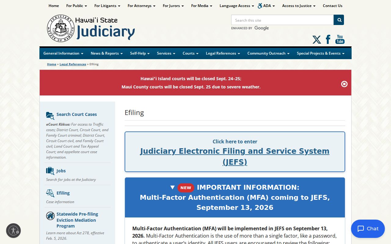 Hawaii court system JEFS e-filing registration and access guidance