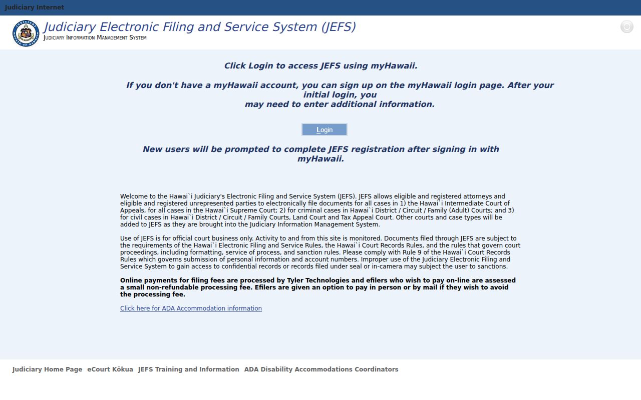Hawaii court system JEFS filing and service sign-in screen