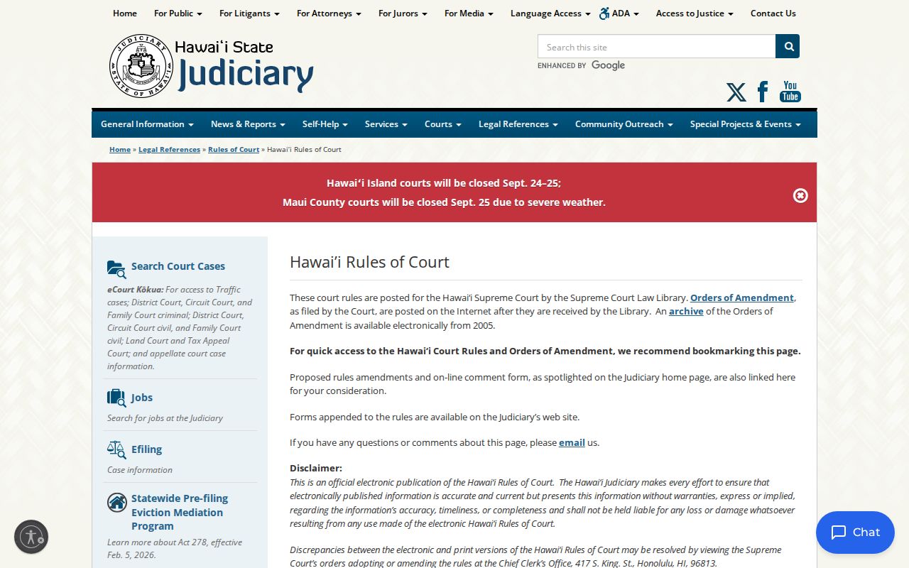 Hawaii court records rules index on the official Judiciary website