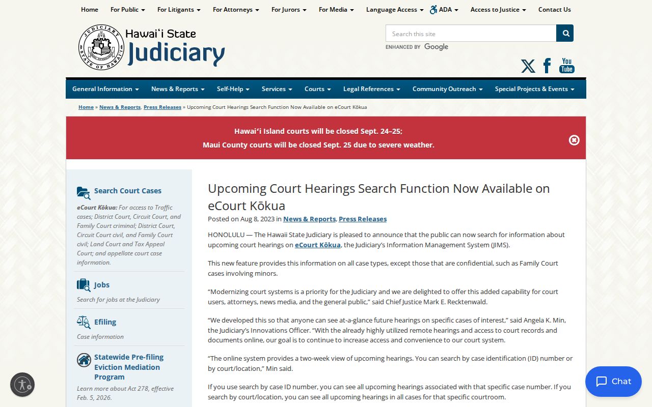 Hawaii court calendar announcement for statewide upcoming eCourt Kōkua hearings