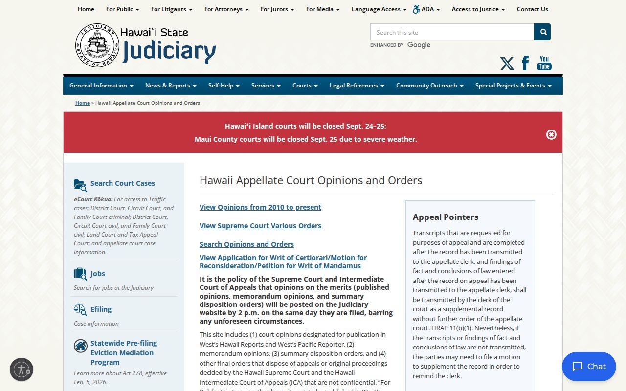Hawaii court system Supreme Court and ICA opinions and orders entry page